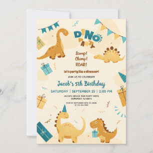 Dino Party. Cute Dinosaurs 5th Birthday Invitation