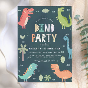 Dino Party   Cute Dinosaurs First Birthday Invitation