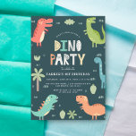 Dino Party | Cute Dinosaurs First Birthday Invitation<br><div class="desc">Celebrate your son's first birthday with our Dino Party invites! This cute birthday party design features a frame of colourful dinosaurs and your custom party details in modern typography against a blue background. The reverse side of the invites feature a pastel green colour. Personalize the first birthday party invites by...</div>