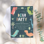 Dino Party | Cute Dinosaurs First Birthday Invitation<br><div class="desc">Celebrate your son's first birthday with our Dino Party invites! This cute birthday party design features a frame of colourful dinosaurs and your custom party details in modern typography against a blue background. The reverse side of the invites feature a pastel green colour. Personalize the first birthday party invites by...</div>