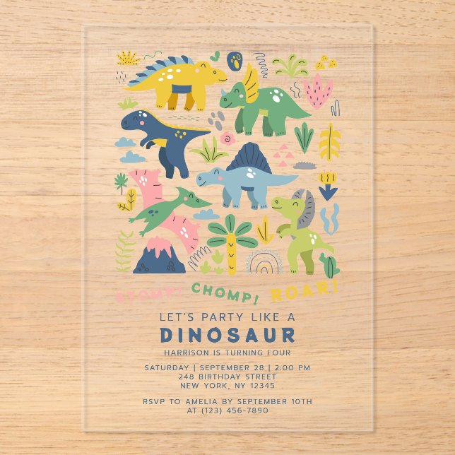 Dino Party Cute Modern Dinosaurs Fourth Birthday Acrylic Invitations (Front)