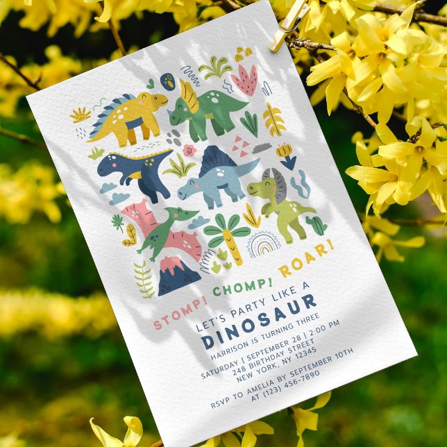 Dino Party Cute Modern Dinosaurs Third Birthday Invitation (Creator Uploaded)