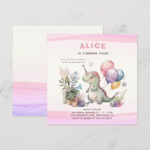 Dino Party Cute Watercolor Girl Pink Birthday Invitation