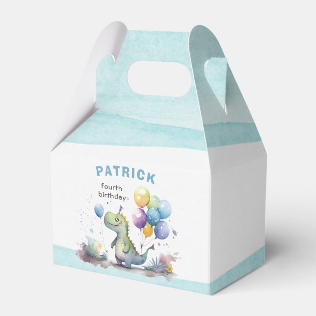 Dino Party Watercolor Boy Blue Birthday Favor Box (Front Side)