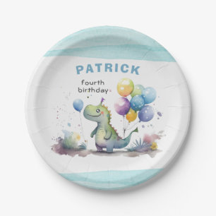 Dino Party Watercolor Boy Blue Birthday Paper Plate