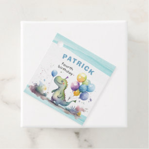 Dino Party Watercolor Boy Blue Square Birthday Favour Tags