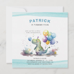 Dino Party Watercolor Boy Blue Square Birthday Invitation