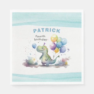 Dino Party Watercolor Boy Blue Square Birthday Napkin