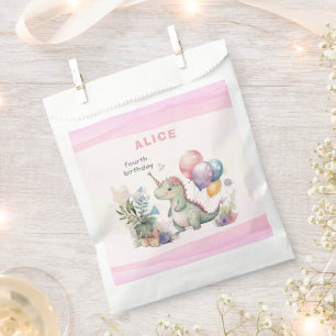 Dino Party Watercolor Girl Pink Birthday Favour Bag