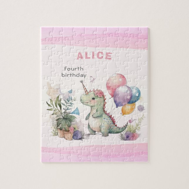 Dino Party Watercolor Girl Pink Birthday Jigsaw Puzzle (Vertical)