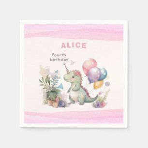 Dino Party Watercolor Girl Pink Birthday Napkin