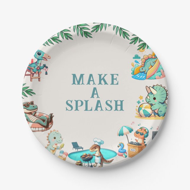 Dino Pool Party Birthday Paper Plate (Front)