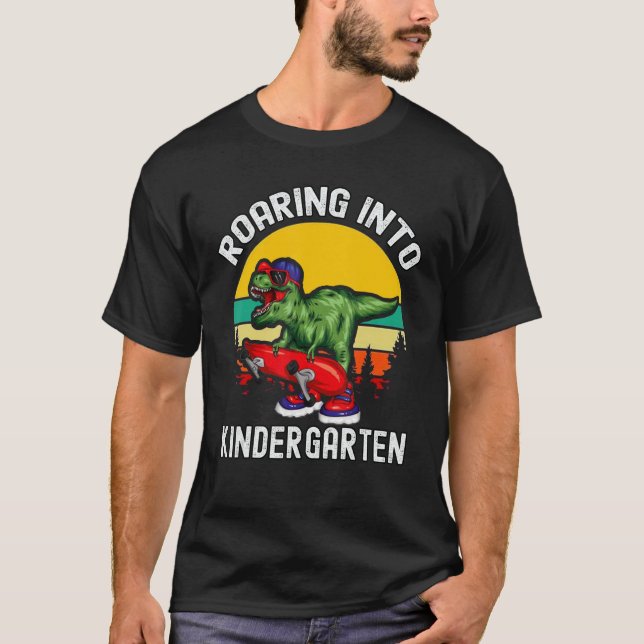 Dino Roaring Hello Kindergarten First Day Of Schoo T-Shirt (Front)