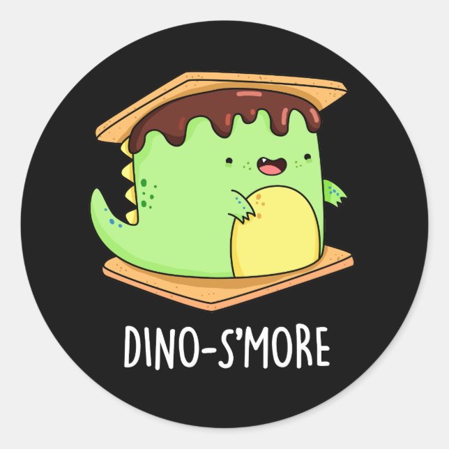 Dino-smore Funny Dinosaur Smore Pun Dark BG Classic Round Sticker (Front)