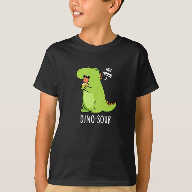 Dino-sour Funny Dinosaur Pun Dark BG T-Shirt (Front)