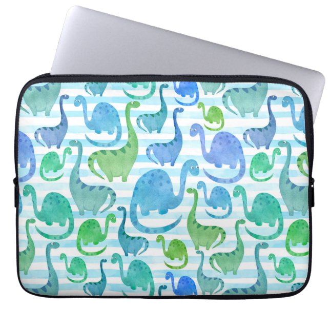 Dino Stripe Watercolor Dinosaurs Adorable Laptop Sleeve (Front)
