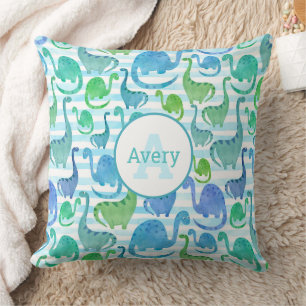 Dino Stripe Watercolor Dinosaurs Personalized Throw Pillow