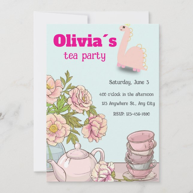 Dino Tea Party Anniversaire Invitation pour les fi (Devant)