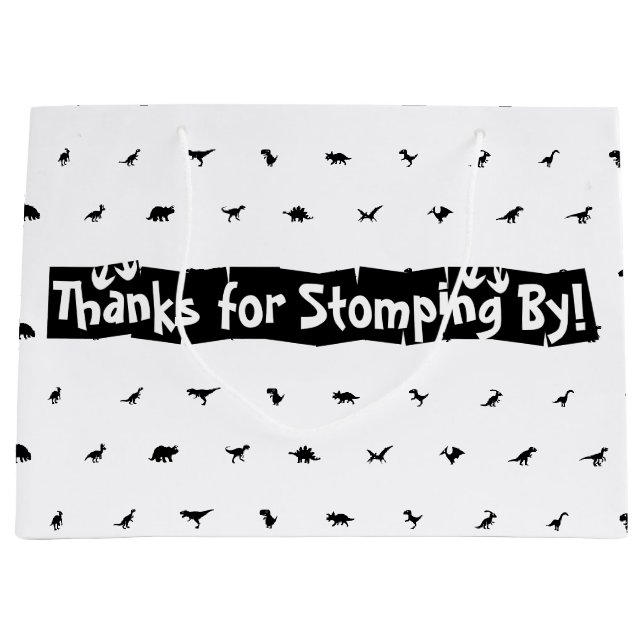 Dino-Themed Favour Bags: Black with White Dinosaur Large Gift Bag (Front)