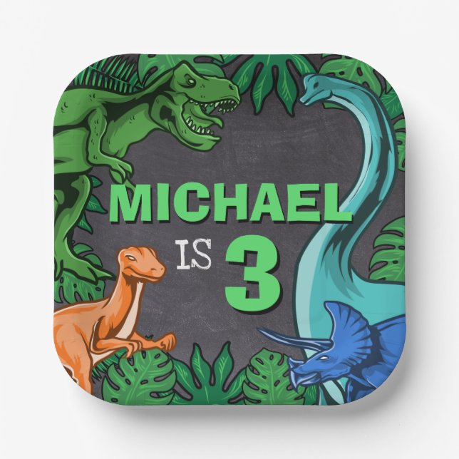 Dino Trex Jurassic Boy Dinosaur Birthday Paper Plate (Front)