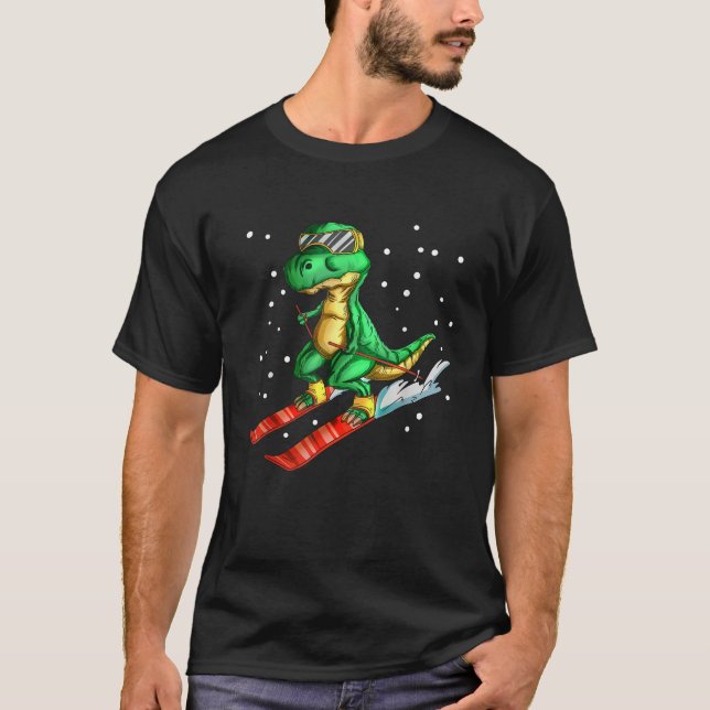 Dino With Ski Goggles Skier Dinosaur T rex Skiing T-Shirt (Front)