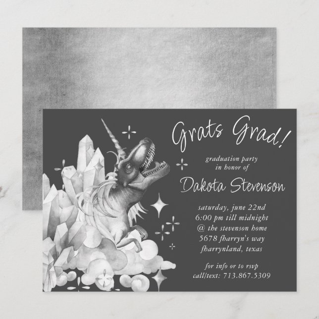Dinocorn Crystal | Silver Grey Virtual Graduation Invitation (Front/Back)
