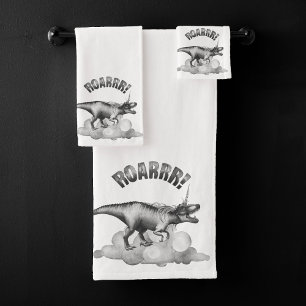 Dinocorn Roar Silver Monochrome Minimal Wordart Bath Towel Set