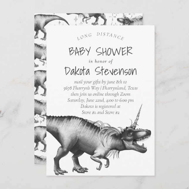 Dinocorn Silver | Cute Long Distance Baby Shower Invitation (Front/Back)