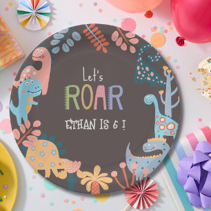 Dinos let's roar kids birthday paper plate