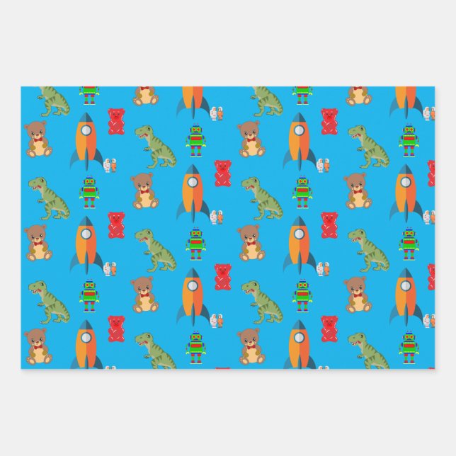 Dinos, Rockets and Bears Wrapping Paper (Front)