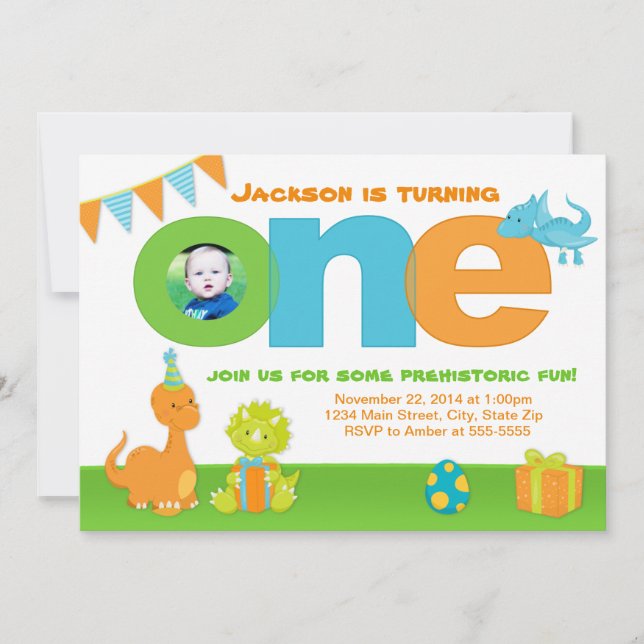 Dinosaur 1er anniversaire Invitation 5x7 Carte pho (Devant)