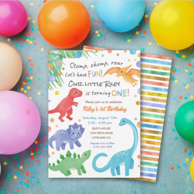 Dinosaur 1er Anniversaire Invitation Colorée Cute (Créateur téléchargé)