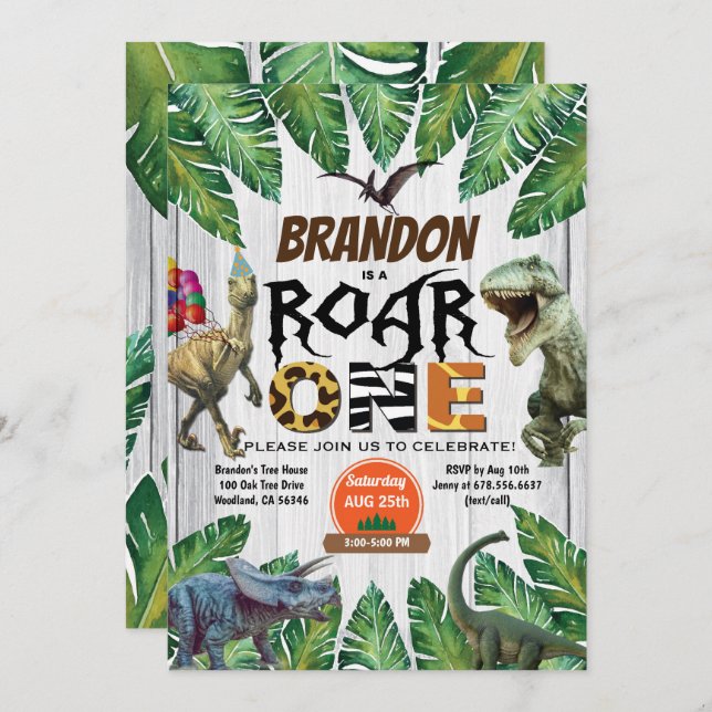 Dinosaur 1er anniversaire invitation Roar un juras (Devant / Derrière)