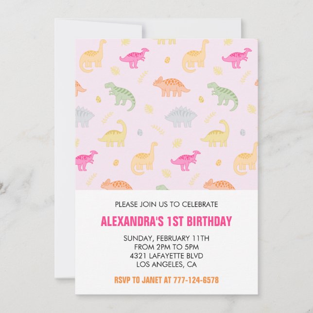 Dinosaur 1er anniversaire invitations fille jungle (Devant)