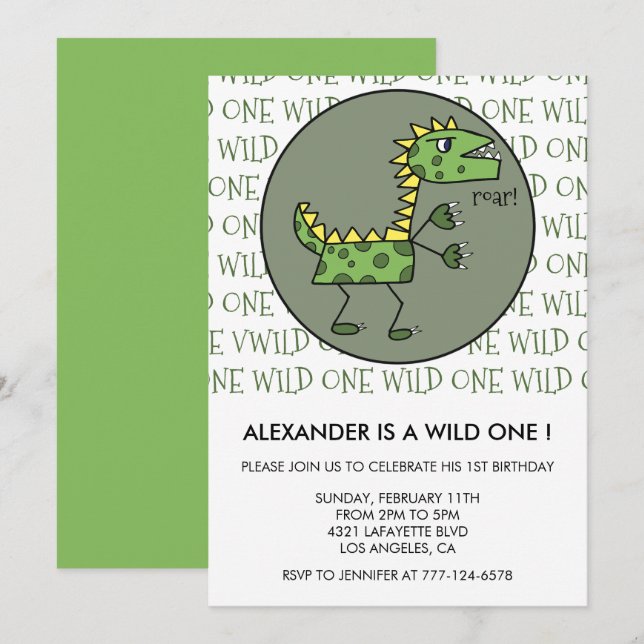 Dinosaur 1er anniversaire invitations sauvage un r (Devant / Derrière)