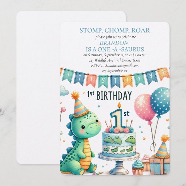 Dinosaur 1st Birthday Boy Stomp Chomp Roar Invitation (Front/Back)