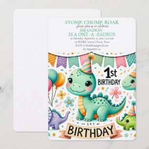 Dinosaur 1st Birthday Boy Stomp Chomp Roar Invitation