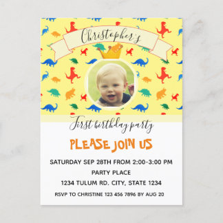 Dinosaur 1st Birthday colourful baby boy photo Holiday Postcard