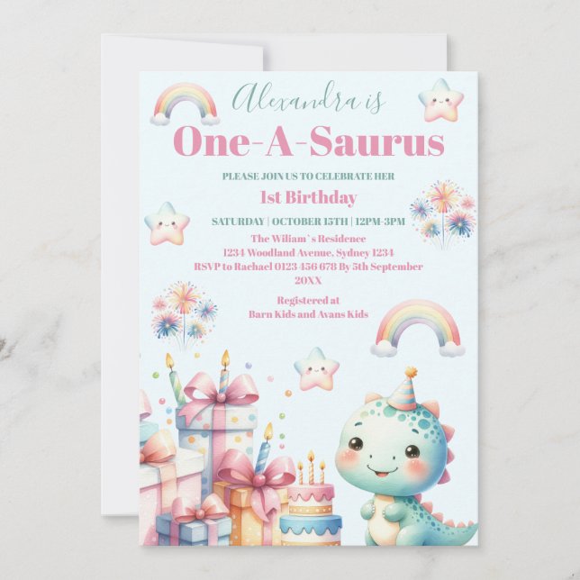 Dinosaur 1st Birthday Colourful Cute Invitation (Front)