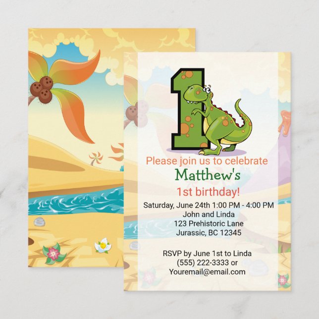 Dinosaur 1st Birthday Custom Invitation (Front/Back)