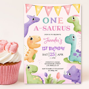 Dinosaur 1st Birthday Girl Cute One A-Saurus Party Invitation