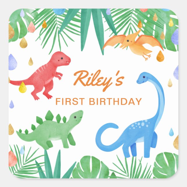 Dinosaur 1st Birthday Invitation Colourful Cute Square Sticker (Front)
