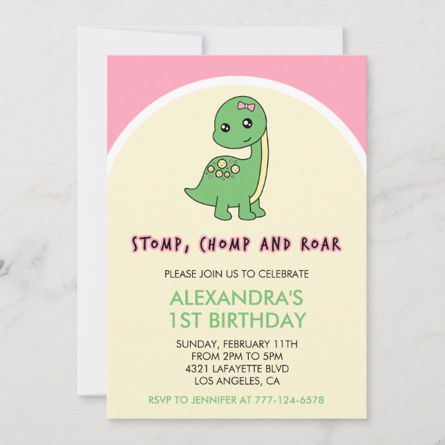 Dinosaur 1st birthday invitation stomp chomp roar  (Front)