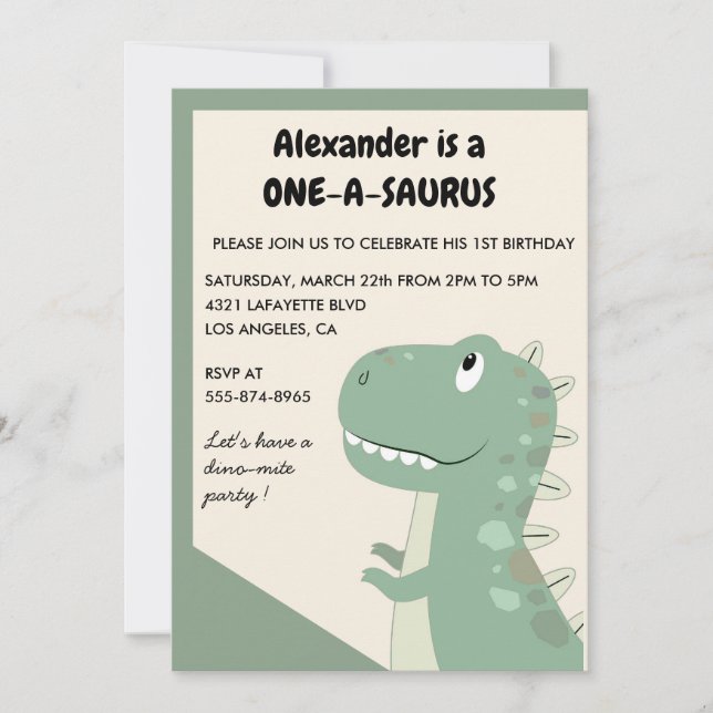 Dinosaur 1st birthday invitations 1 year old t rex (Front)