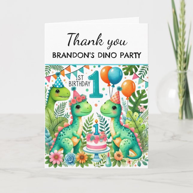Dinosaur 1st Birthday Party Boy Dino Cute Thank You Card (Front)