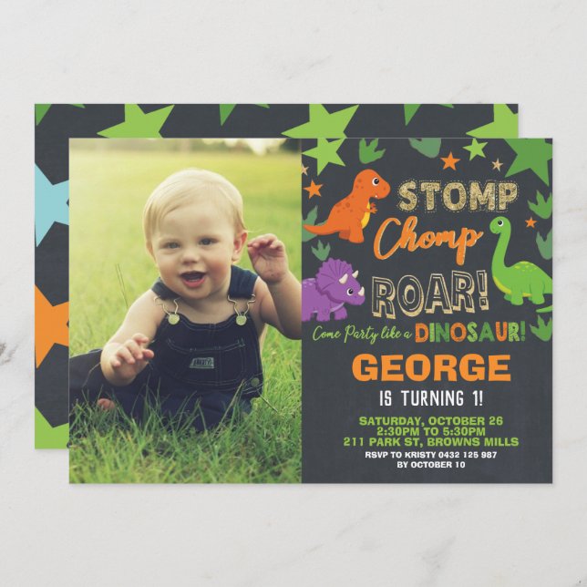 Dinosaur 1st Birthday Party Boy Stomp Chomp Roar Invitation (Front/Back)