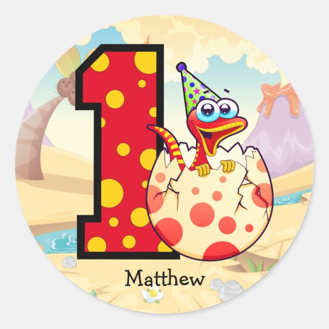 Dinosaur 1st Birthday Party Custom Classic Round Sticker (Front)