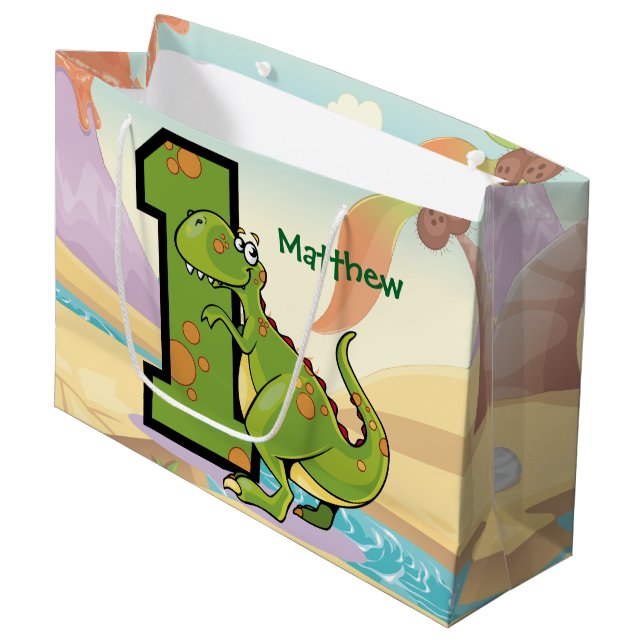 Dinosaur 1st Birthday Party Custom Large Gift Bag (Front Angled)