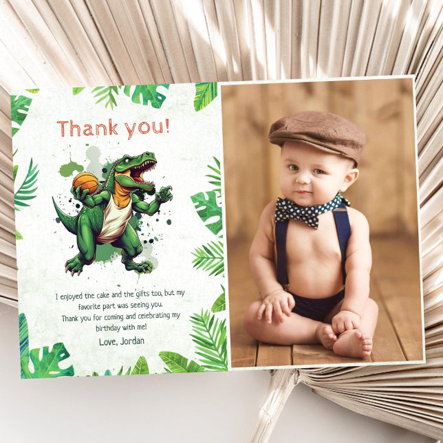 Dinosaur 1st Birthday Party Photo Thank You Card (Creator Uploaded)