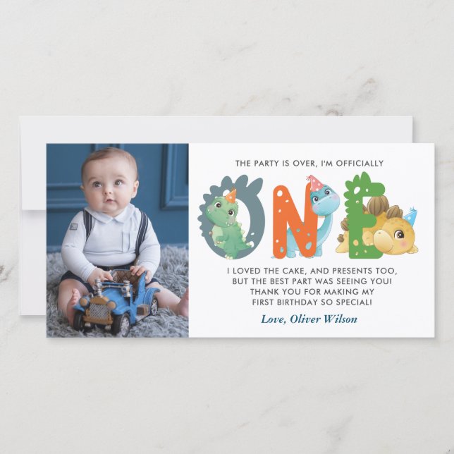 Dinosaur 1st Birthday Thank You  Card (Front)